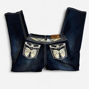 Dark Blue Westfield Eagle Size 9 Denim Flares with embroidery and rhinestones